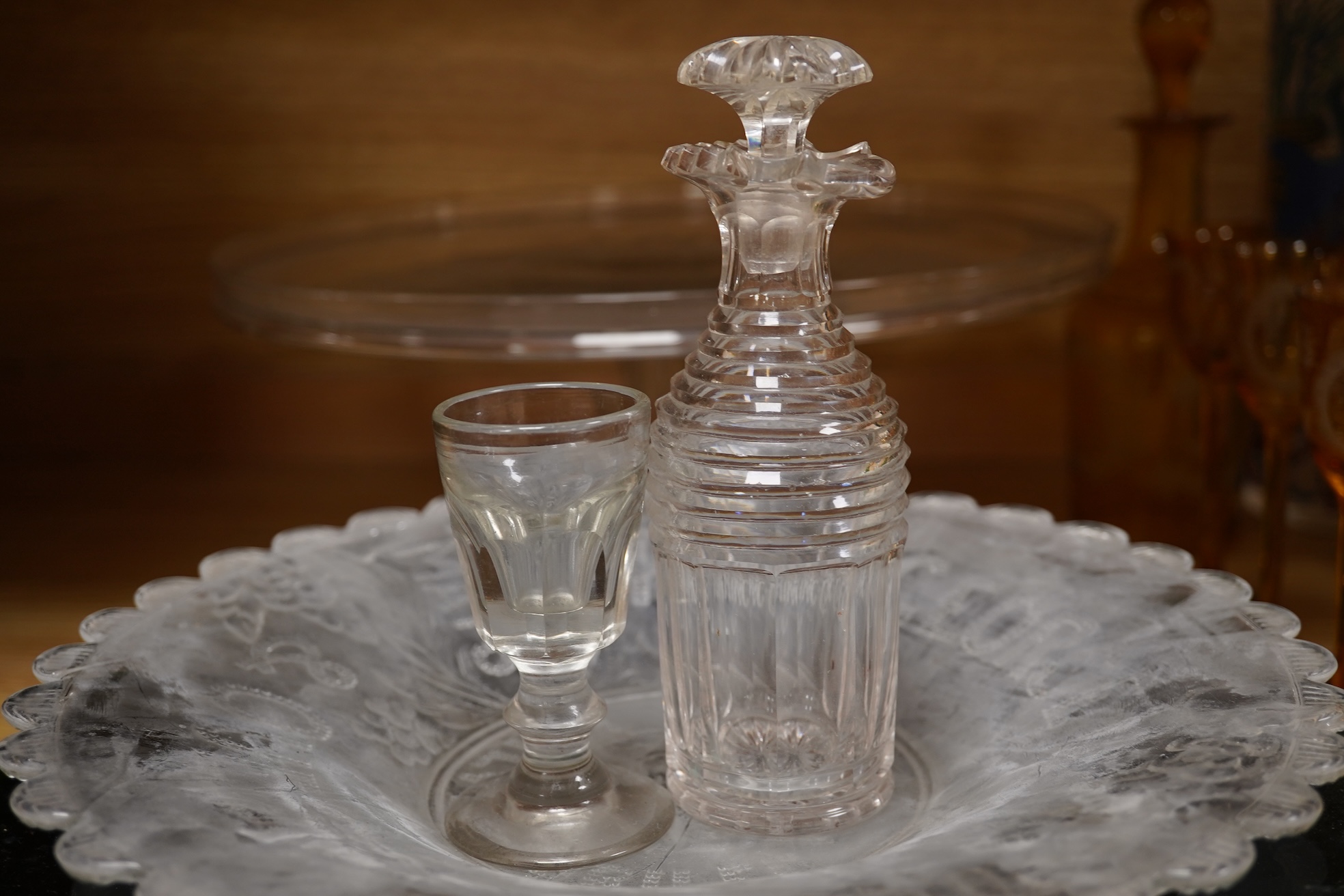 A quantity of 20th century coloured and clear glassware together with a mid 18th century Silesian stem glass tazza, largest 33cm in diameter